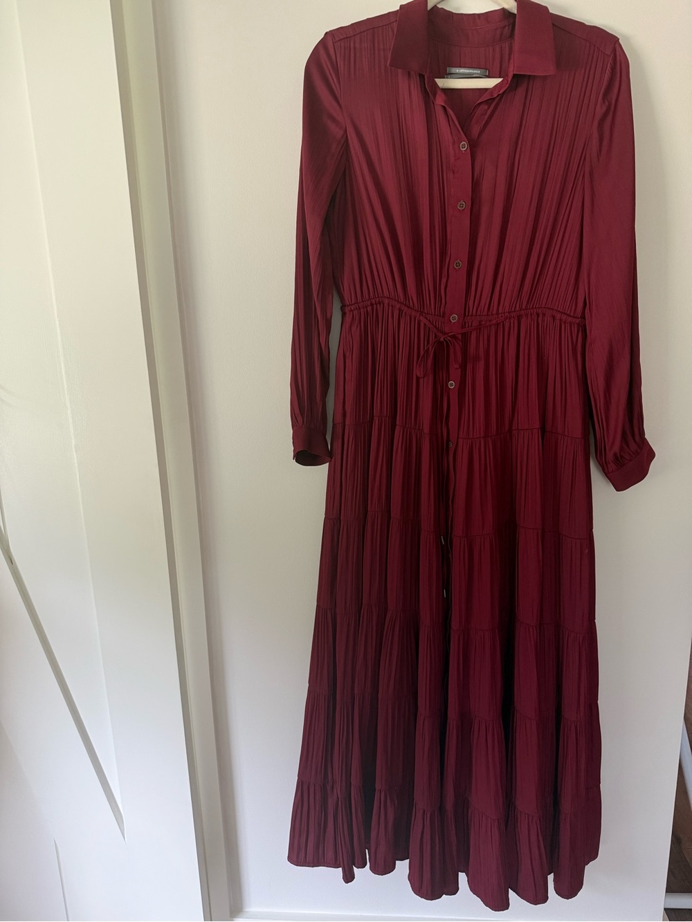 Anthropologie TieredButton-Front Maxi Dress, Crimson Red/Burgundy, Small, EUC